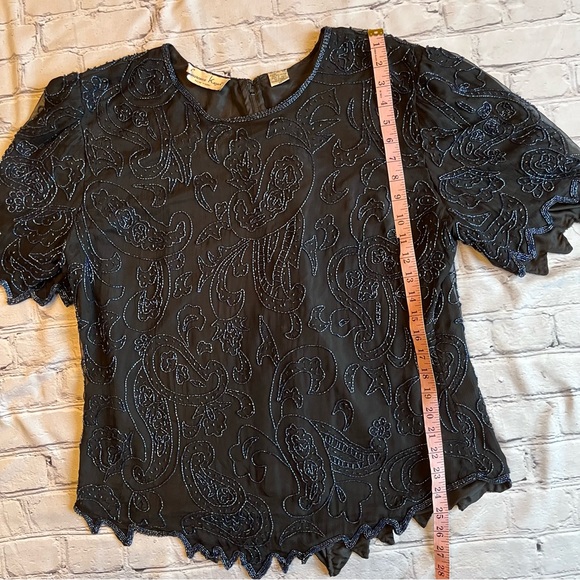 Laurence Kazar Vintage Silk Beaded Womens Top 1X Black - Picture 3 of 10